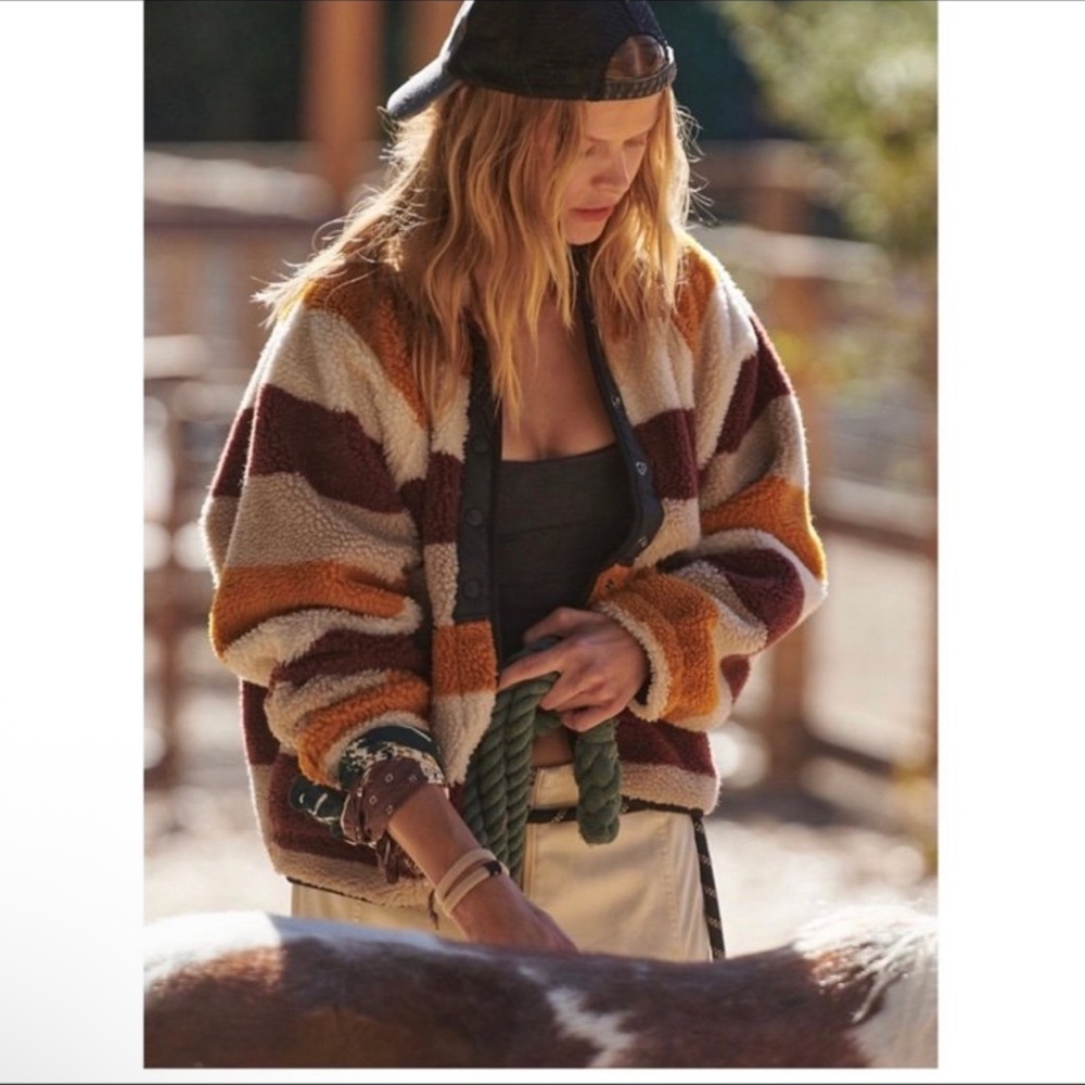 Free People movement Hit The Slopes Printed Logo Striped Fleece Jacket Small